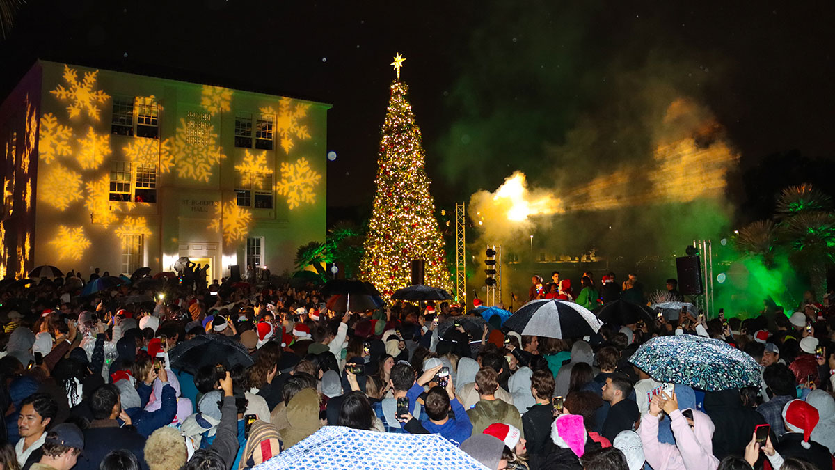 A view across all of Sunken Garden with everyone attending the event and the Christmas Tree in the distance
