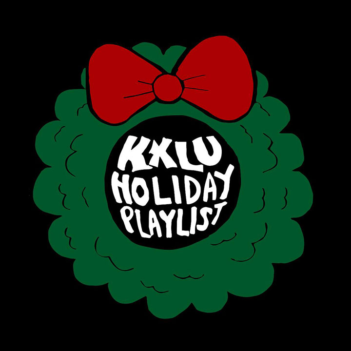 An illustrated wreath with the words KXLU Holiday Playlist in the middle