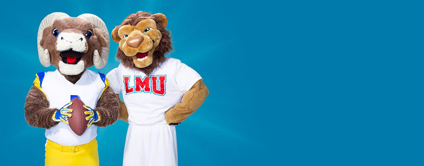 LA Rams Mascot Rampage and LMU's Mascot Iggy in front of a blue background