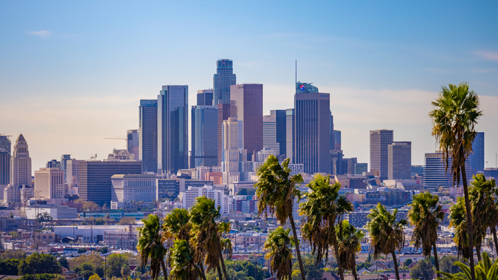 The Los Angeles skyline in Southern California.