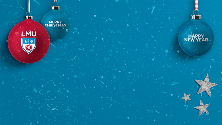 Christmas tree ornaments showing the LMU logo, the words Merry Christmas, and the words Happy New Year