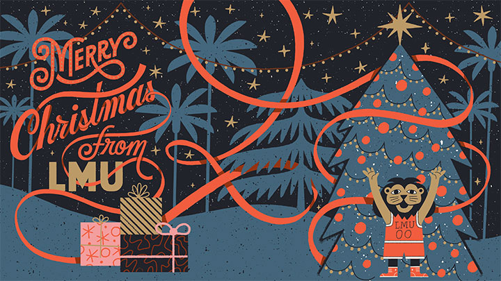 Illustration of Iggy in front of a Christmas tree with snow falling, ribbon blowing in the air, and the words Merry Christmas from LMU