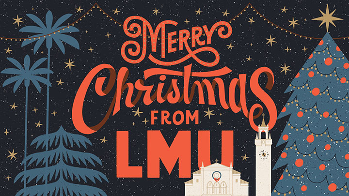 An illustration of Sacred Heart Chapel with the words Merry Christmas from LMU