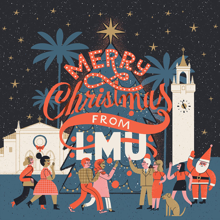 Illustration of people dancing in front of a large Christmas tree and Sacred Heart Chapel in the background, with the words Merry Christmas from LMU