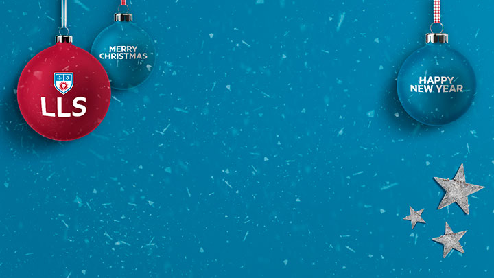 Christmas tree ornaments showing the LLS logo, the words Merry Christmas, and the words Happy New Year