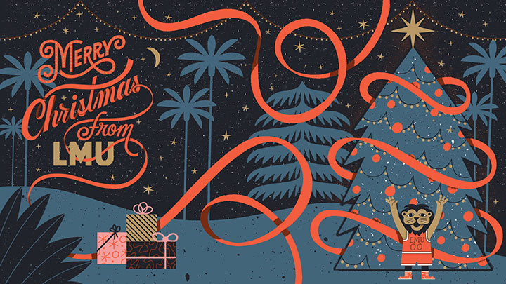Illustration of Iggy in front of a Christmas tree with snow falling, ribbon blowing in the air, and the words Merry Christmas from LMU