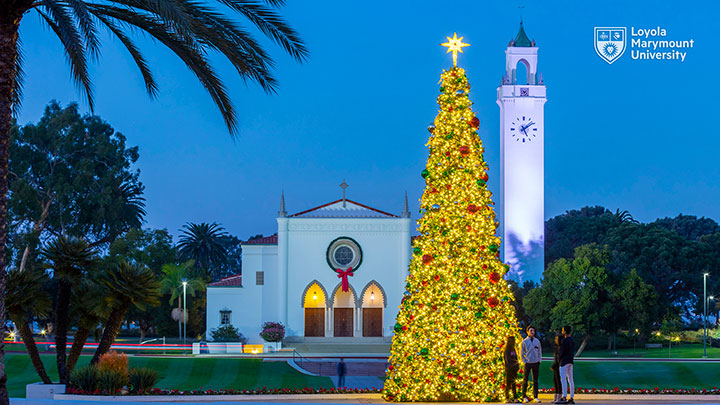 Lit up Christmas tree at Regents Terrace with Sacred Heart Chapel in the background