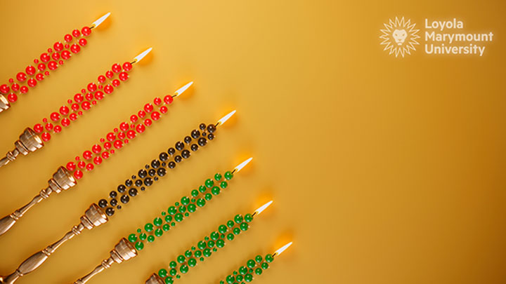 Seven ornate Mishumaa Saba next to the LMU logo