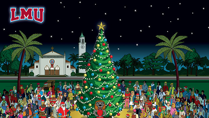 An illustration of the Christmas Tree in Regents Terrace with lots of people celebrating including Iggy and Sacred Heart Chapel and a starry sky in the background