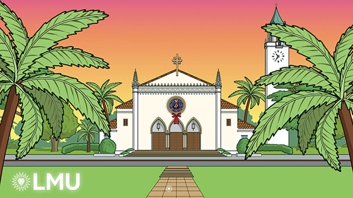 An illustration of Sacred Heart Chapel during the day with a wreath on the door