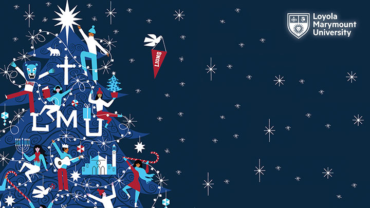 An illustration of little people decorating a large Christmas tree with the letters LMU in front of a sky full of stars