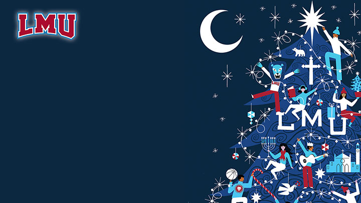 An illustration of little people decorating a large Christmas tree with the letters LMU in front of the moon and a sky full of stars