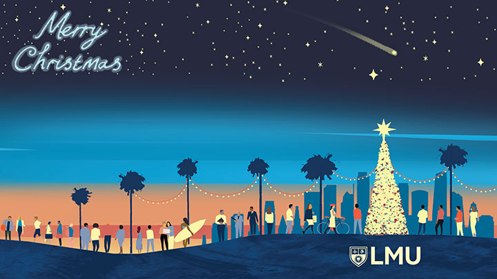 Illustration of many people from different walks of life walking along the bluff near a Christmas tree with Los Angeles in the distance and the words Merry Christmas in the sky
