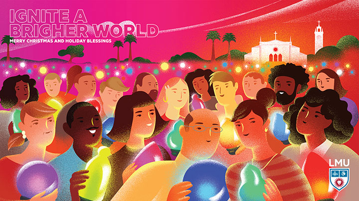 Illustration of a large group of smiling people holding large, glowing Christmas tree ornaments with Sacred Heart Chapel in the background and the words Ignite A Brighter World, Merry Christmas and Holiday Blessings