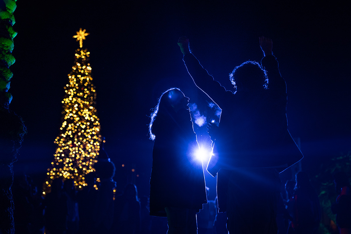 Two students standing next to the LMU Christmas Tree with one student raising their hands in the air in victory