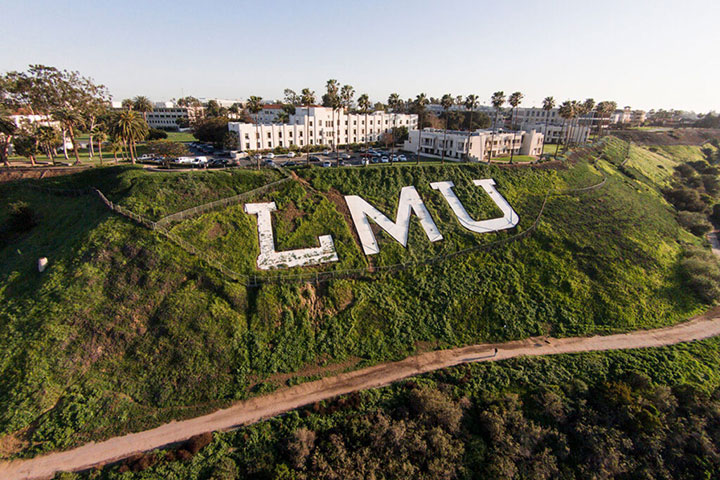 Aerial view of the LMU bluff letters below Xavier Hall