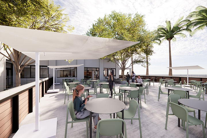 A mockup image showcasing a modernized look of Lair Marketplace with tables and umbrellas as students interact