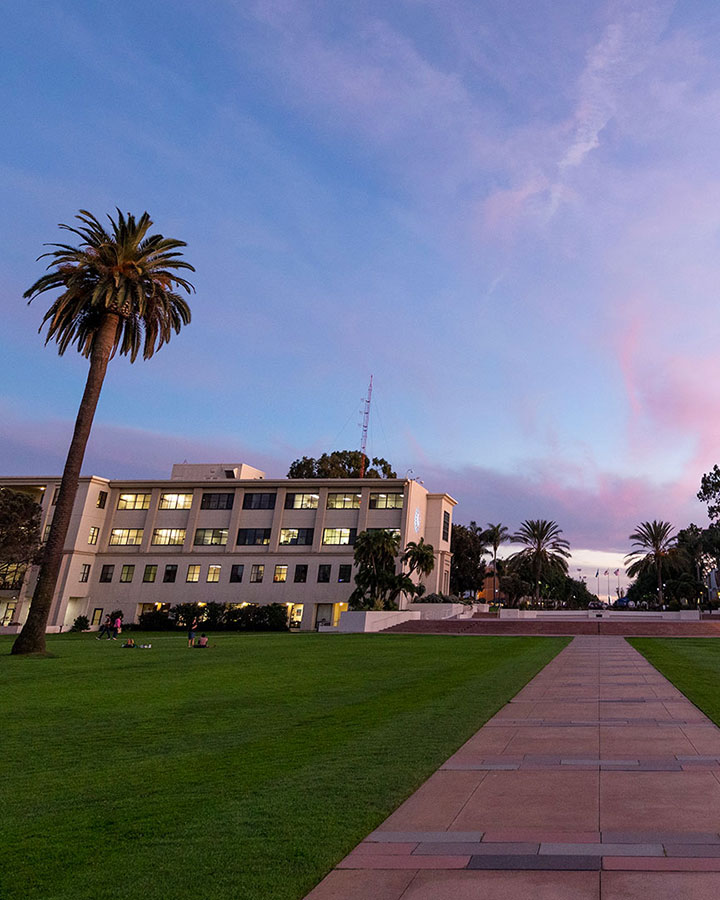 Sunken Garden seen from the perspective of Sacred Heart Chapel at sunset