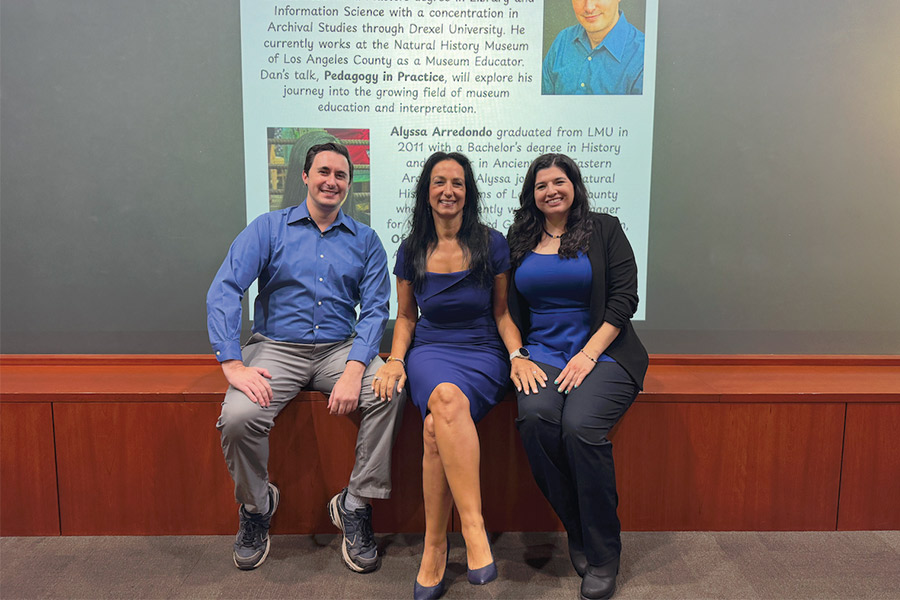 Professor of Classics and Director of the Learning Community Series, Katerina Zacharia, pictured with this year's speakers, Daniel Priore and Alyssa Arredondo.