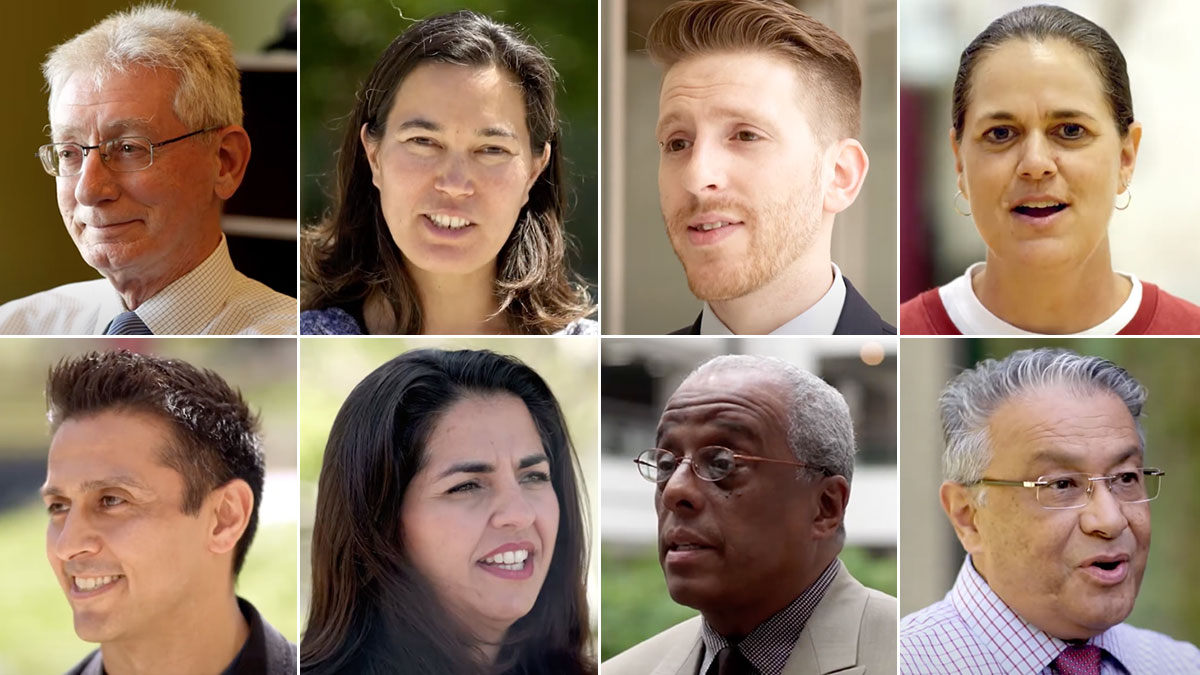 Several headshots of faculty and staff speaking