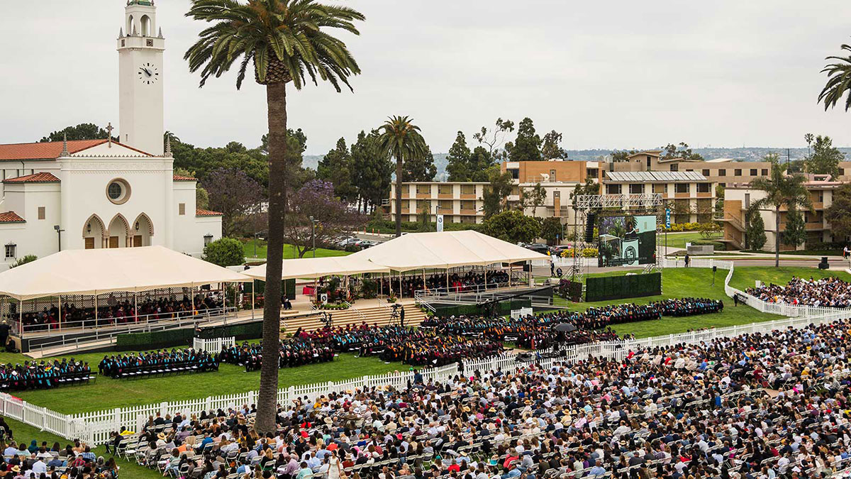 Aerial view of Sunken Garden with seats filled for Commencement