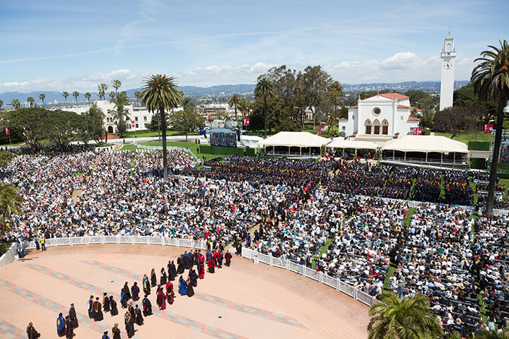 Aerial view of sunken garden as graduates process to their seats