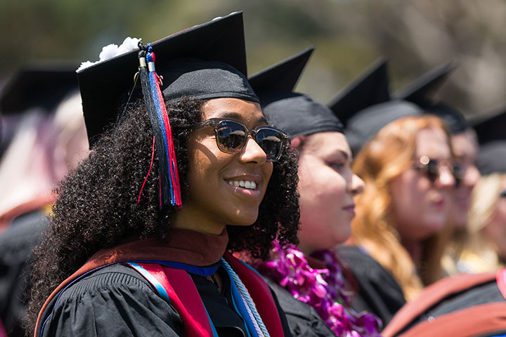 Graduates seated during the graduation ceremony listening to featured speakers