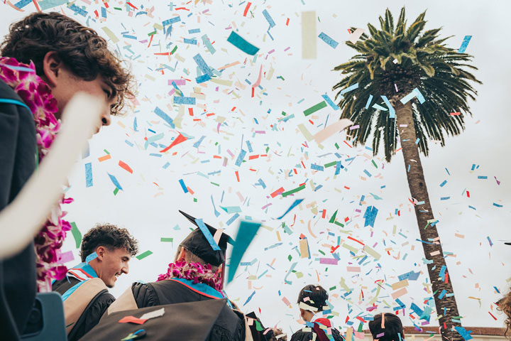 Confetti in the air as graduates celebrate in Sunken Garden