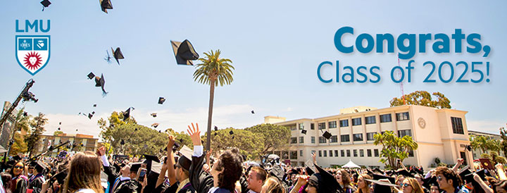 Students throwing their graduation caps in the air with the words Congrats Class of 2025