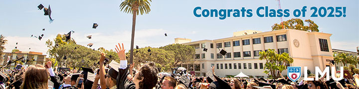 Students throwing their graduation caps in the air with the words Congrats Class of 2025