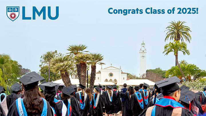 Graduates processing into Sunken Garden with Sacred Heart Chapel in the distance and the words Congrats Class of 2025