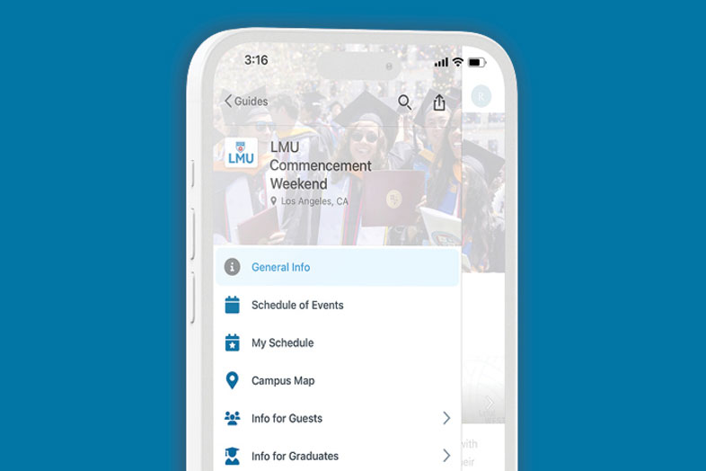 A view of the main navigation in the LMU Commencement Mobile App