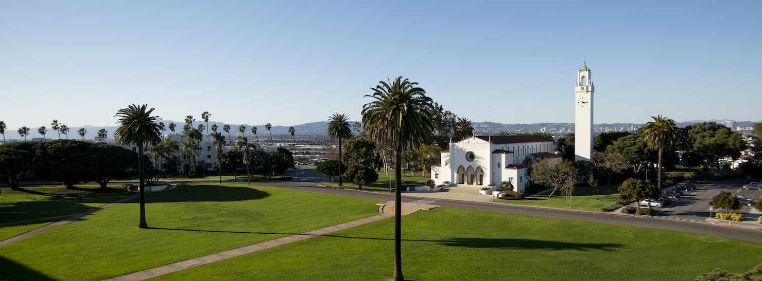 Sacred Heart Chapel from a distance against blue skies