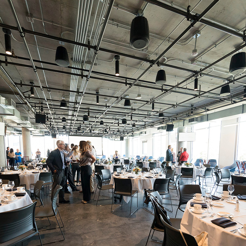 Event space set up with tables and chairs