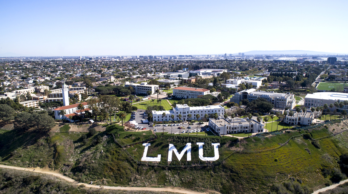 A drone photo of Loyola Marymount University taken above the LMU bluff.