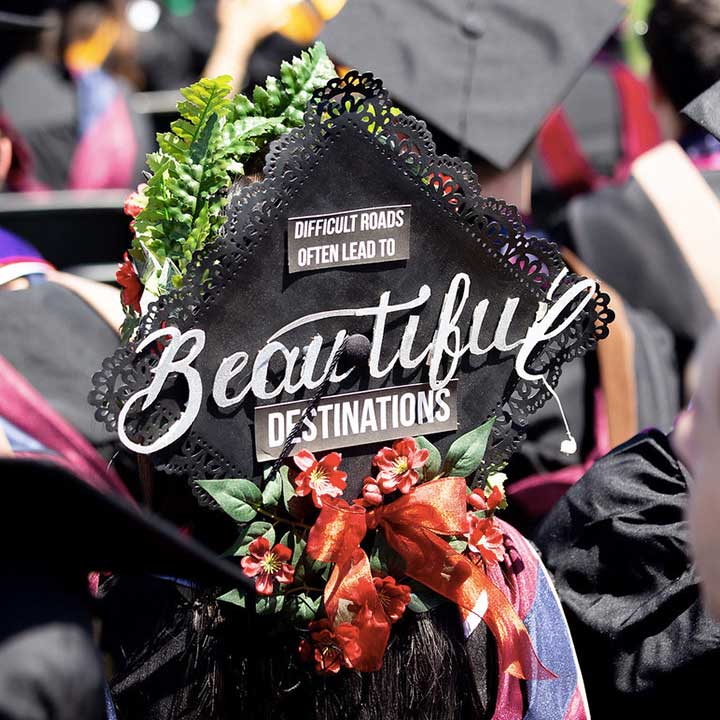 LMU student graduation cap with message: